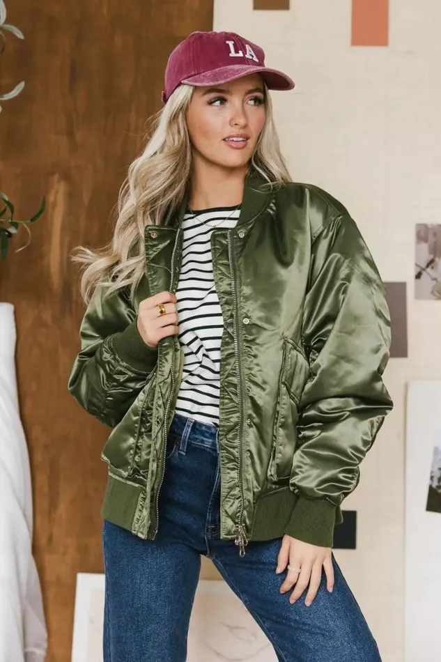 Rylee Satin Bomber Jacket In Green Green Women Bohme Outerwear