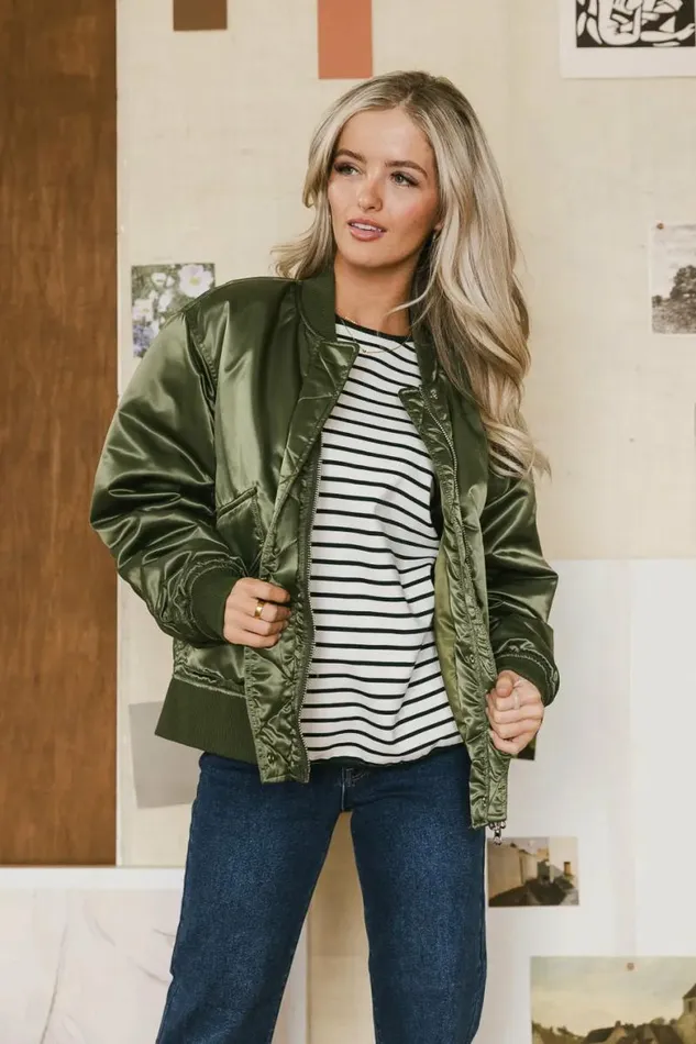 Rylee Satin Bomber Jacket In Green Green Women Bohme Outerwear