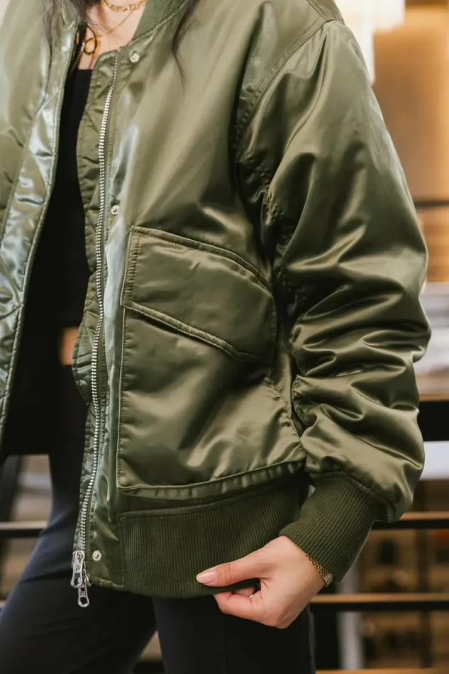 Rylee Satin Bomber Jacket In Green Green Women Bohme Outerwear