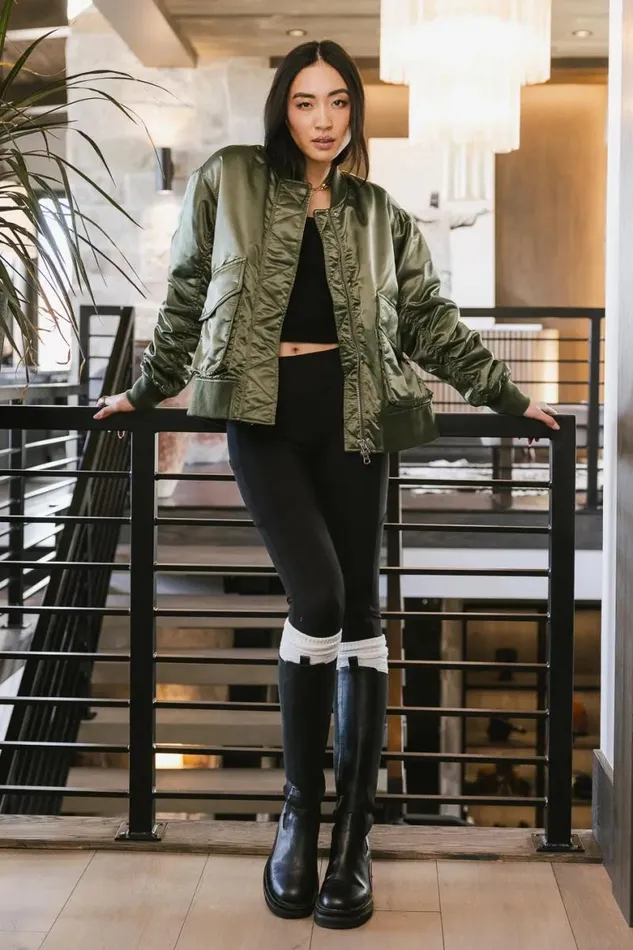 Rylee Satin Bomber Jacket In Green Green Women Bohme Outerwear