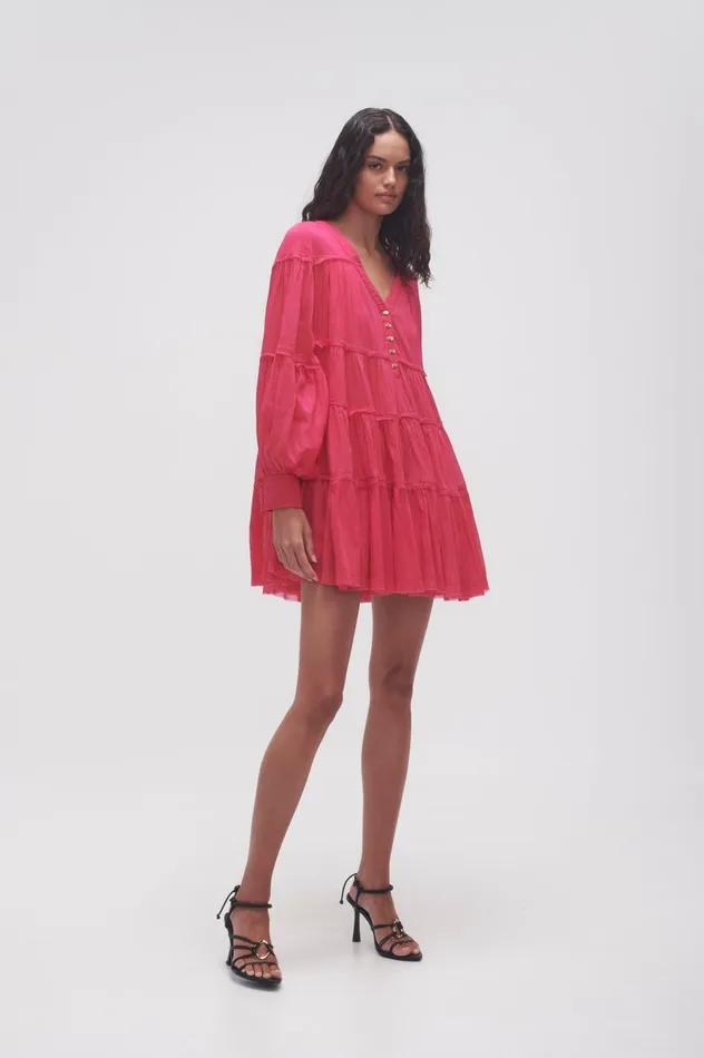 Sally Tiered Plunge Mini Dress Hot Pink Women Aje Mini Dresses