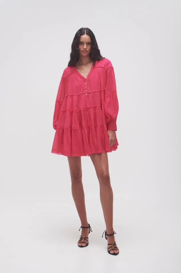 Sally Tiered Plunge Mini Dress Hot Pink Women Aje Mini Dresses
