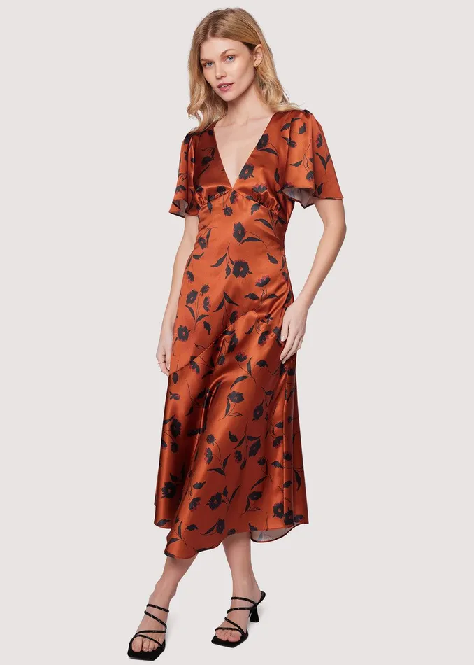 Sepia Dahlia Midi Dress Brownfloral Women Lost Wander Dresses