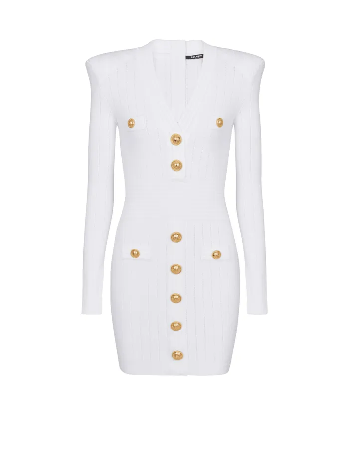 Short Knitted Dress With Gold Buttons White Women Balmain Dresses