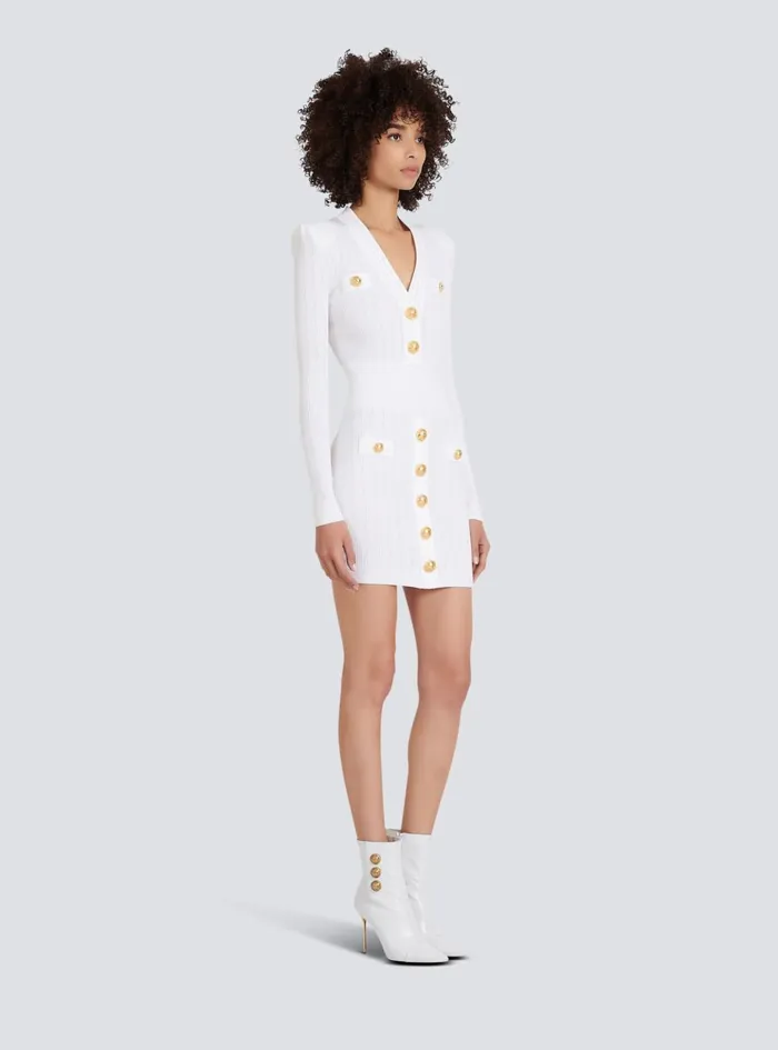 Short Knitted Dress With Gold Buttons White Women Balmain Dresses