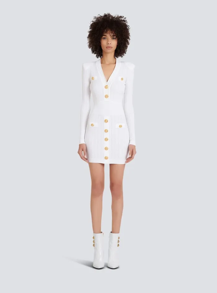 Short Knitted Dress With Gold Buttons White Women Balmain Dresses