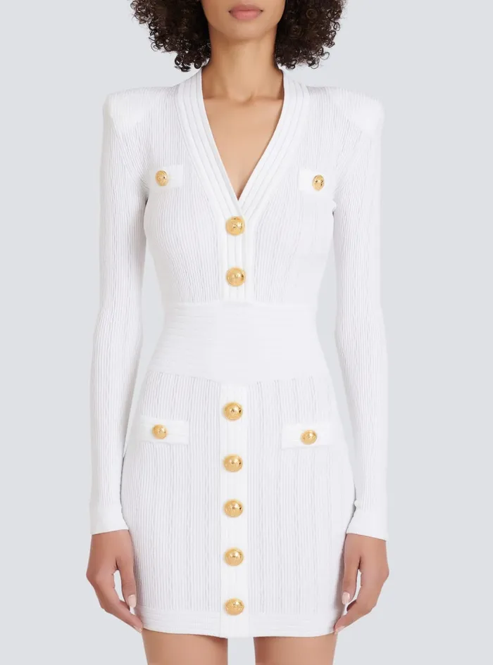 Short Knitted Dress With Gold Buttons White Women Balmain Dresses