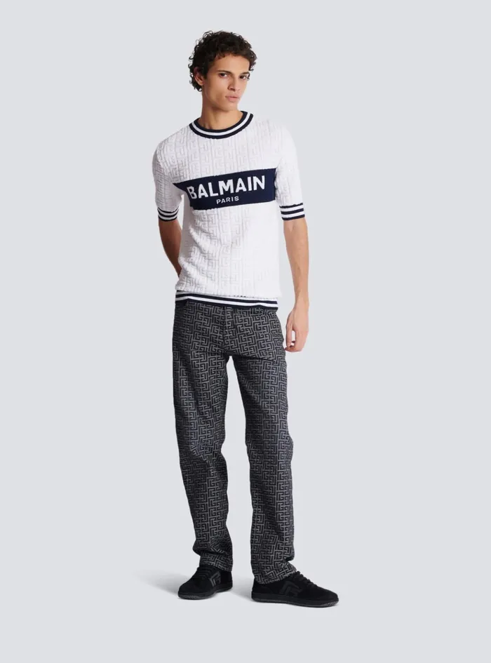 Shortsleeved PB Labyrinth Knit Tshirt White Men Balmain Knitwear