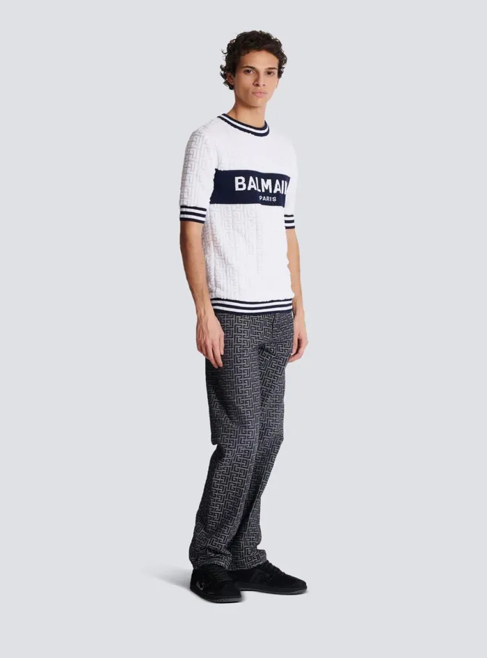 Shortsleeved PB Labyrinth Knit Tshirt White Men Balmain Knitwear