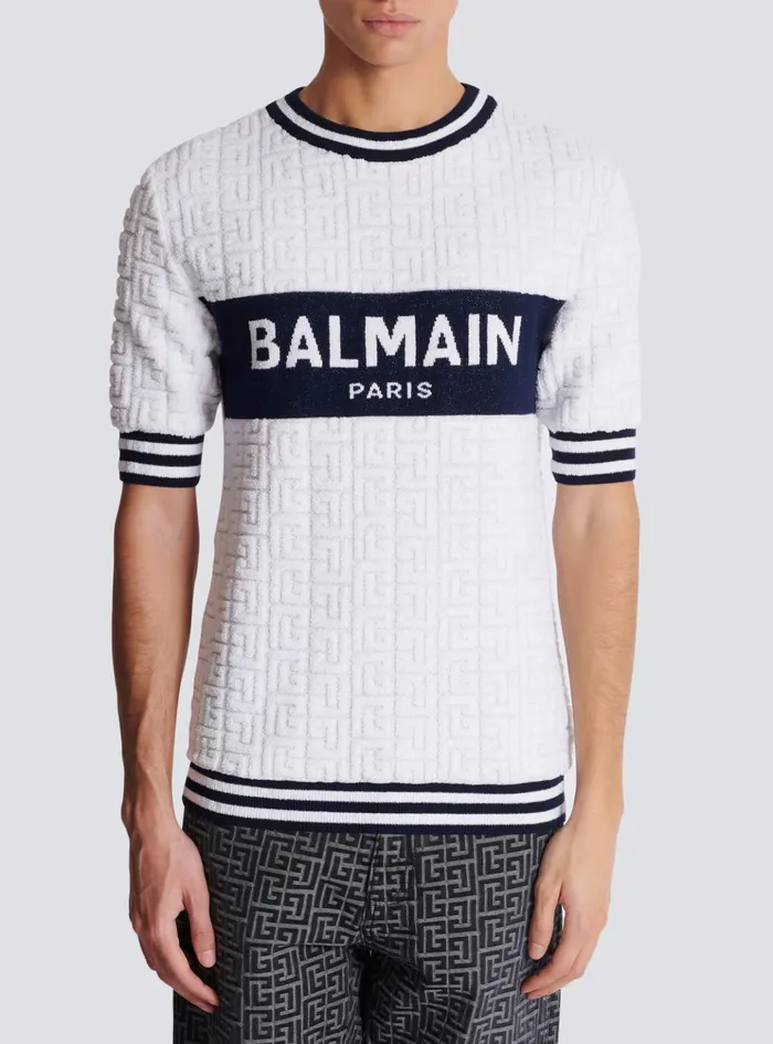 Shortsleeved PB Labyrinth Knit Tshirt White Men Balmain Knitwear