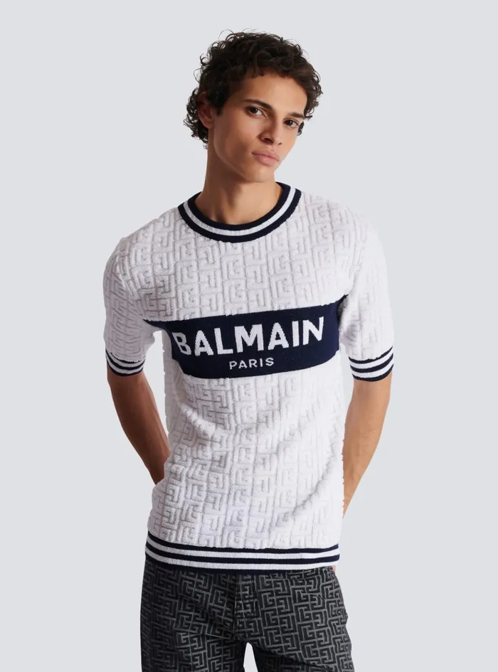 Shortsleeved PB Labyrinth Knit Tshirt White Men Balmain Knitwear