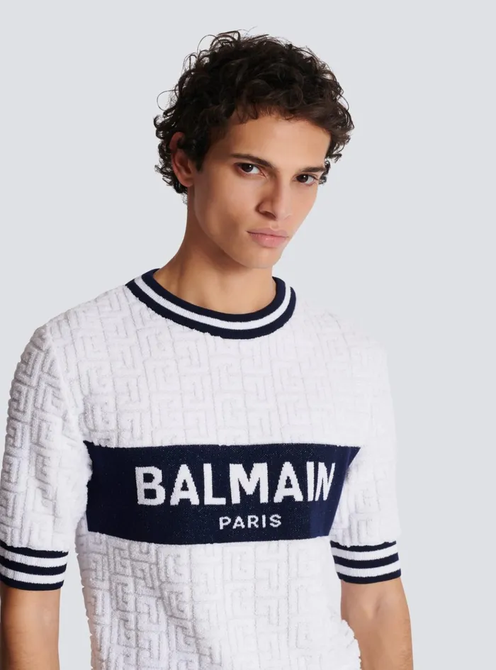 Shortsleeved PB Labyrinth Knit Tshirt White Men Balmain Knitwear