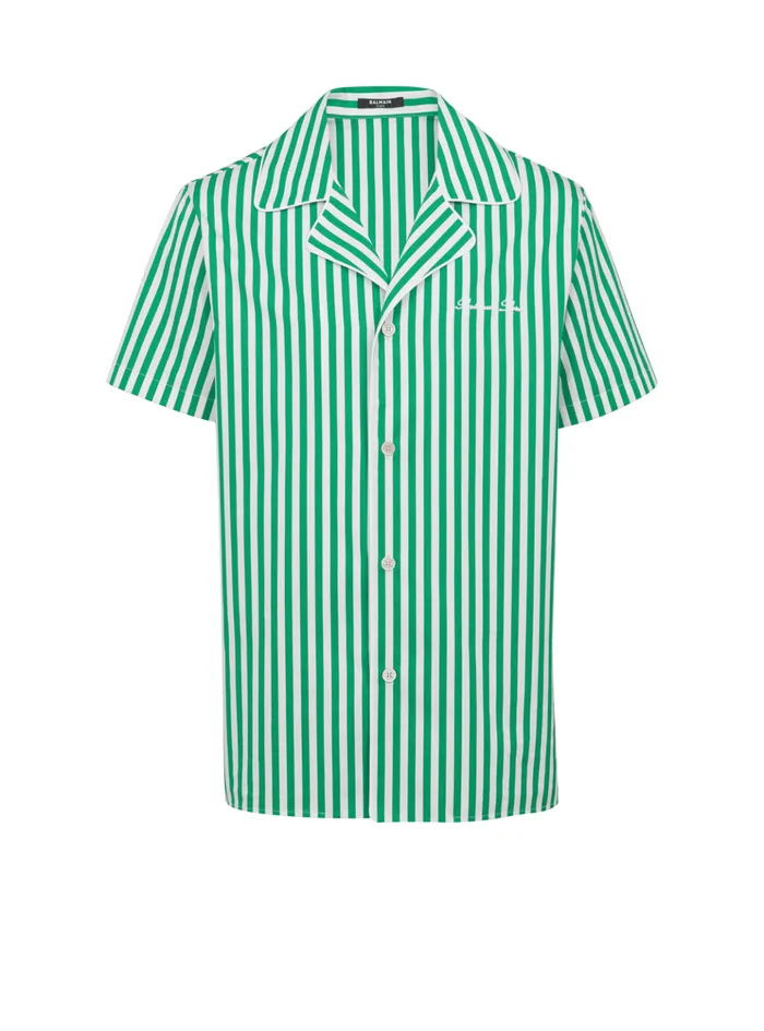 Shortsleeved Striped Cotton Pyjama Shirt Green Men Balmain Shirts And Polos