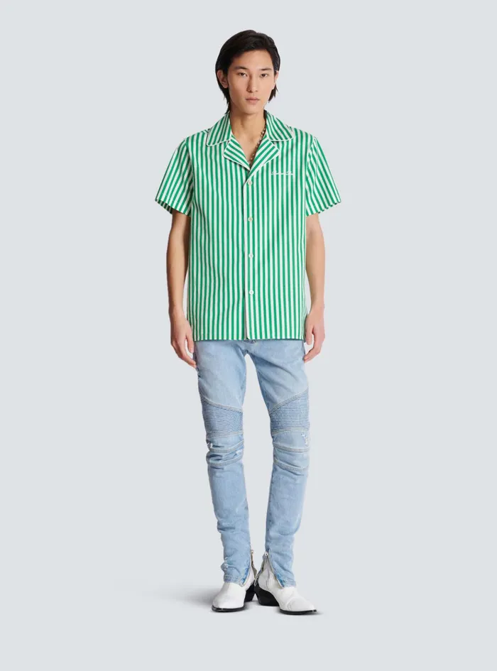 Shortsleeved Striped Cotton Pyjama Shirt Green Men Balmain Shirts And Polos