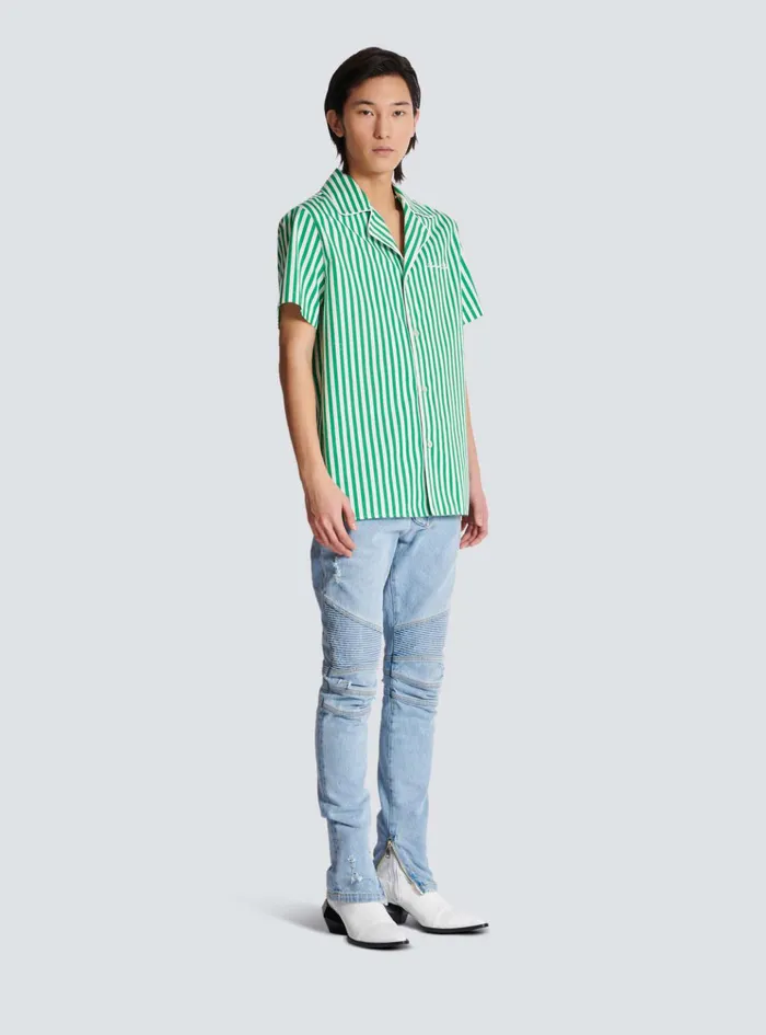 Shortsleeved Striped Cotton Pyjama Shirt Green Men Balmain Shirts And Polos