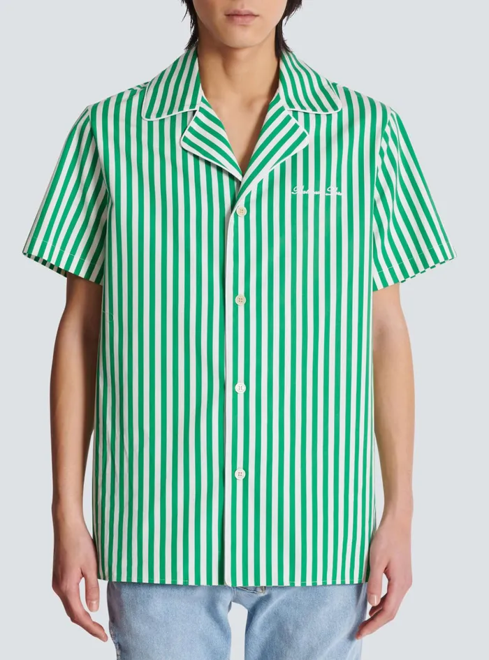 Shortsleeved Striped Cotton Pyjama Shirt Green Men Balmain Shirts And Polos