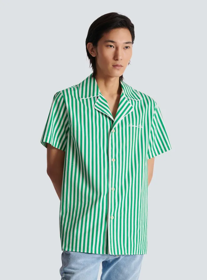 Shortsleeved Striped Cotton Pyjama Shirt Green Men Balmain Shirts And Polos