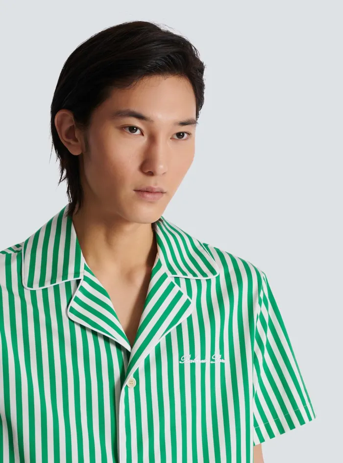 Shortsleeved Striped Cotton Pyjama Shirt Green Men Balmain Shirts And Polos