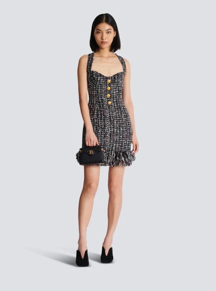 Short Tweed Dress With Buttons Black Women Balmain Dresses