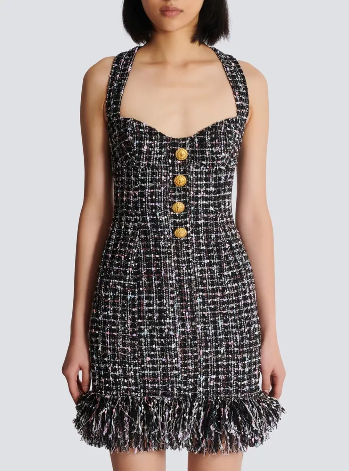 Short Tweed Dress With Buttons Black Women Balmain Dresses