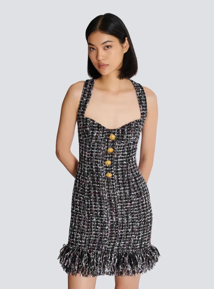 Short Tweed Dress With Buttons Black Women Balmain Dresses