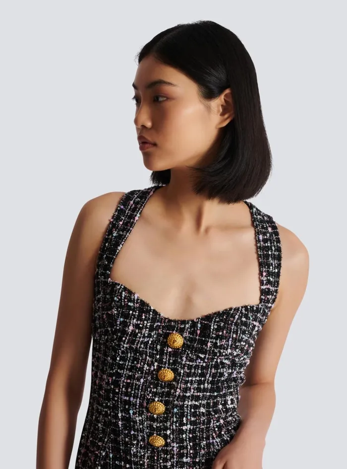 Short Tweed Dress With Buttons Black Women Balmain Dresses