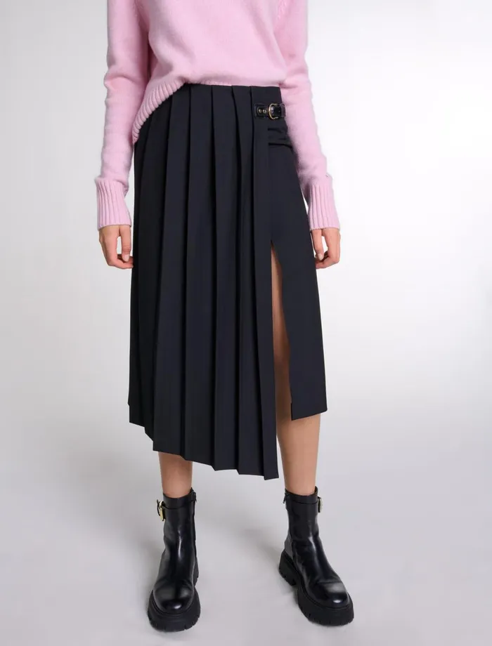 Skirts and Shorts Women Maje Asymmetrical Long Pleated Skirt Black