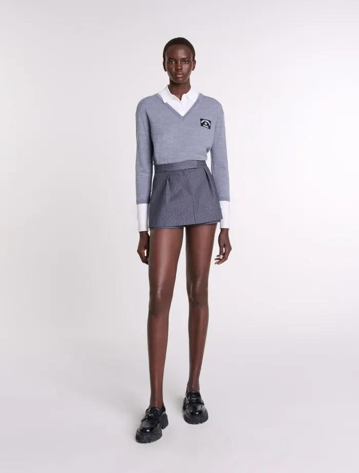Skirts and Shorts Women Maje Rhinestone Layered Skort Gray Striped Tennis Rhinestone