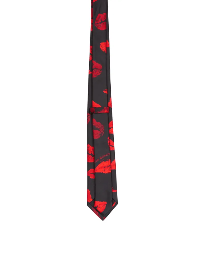 Slim Silk Tie With Kiss Print Black Men Balmain Other Accessories