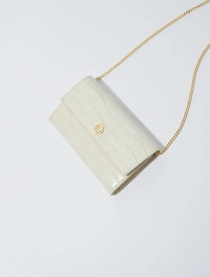 Small Leather Goods Women Maje CrocEffect Embossed Leather Bag Ecru Vanilla