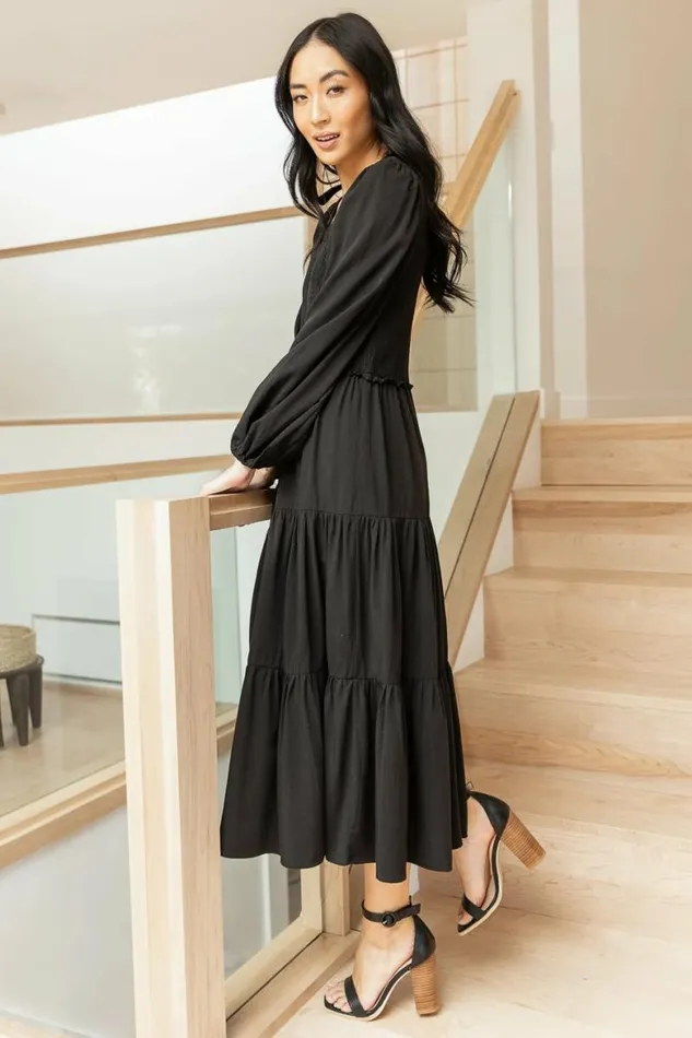 Smocked Tiered Midi Dress In Black Black Women Bohme Dresses