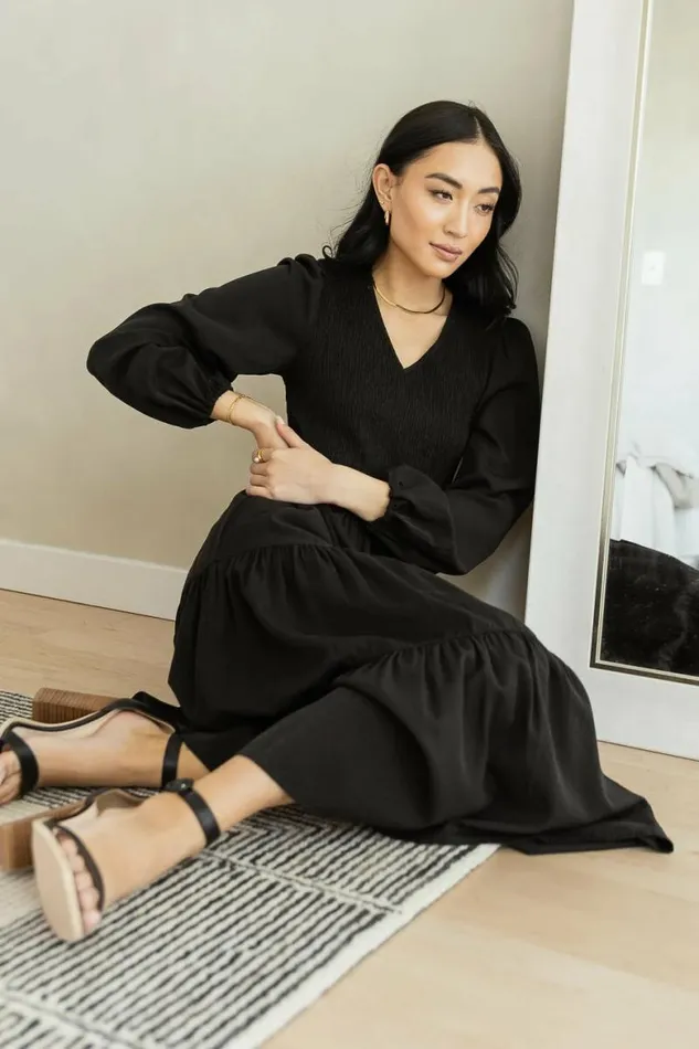 Smocked Tiered Midi Dress In Black Black Women Bohme Dresses