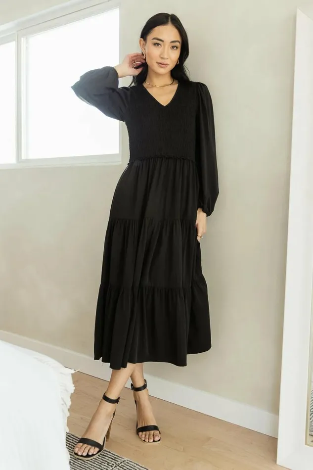 Smocked Tiered Midi Dress In Black Black Women Bohme Dresses
