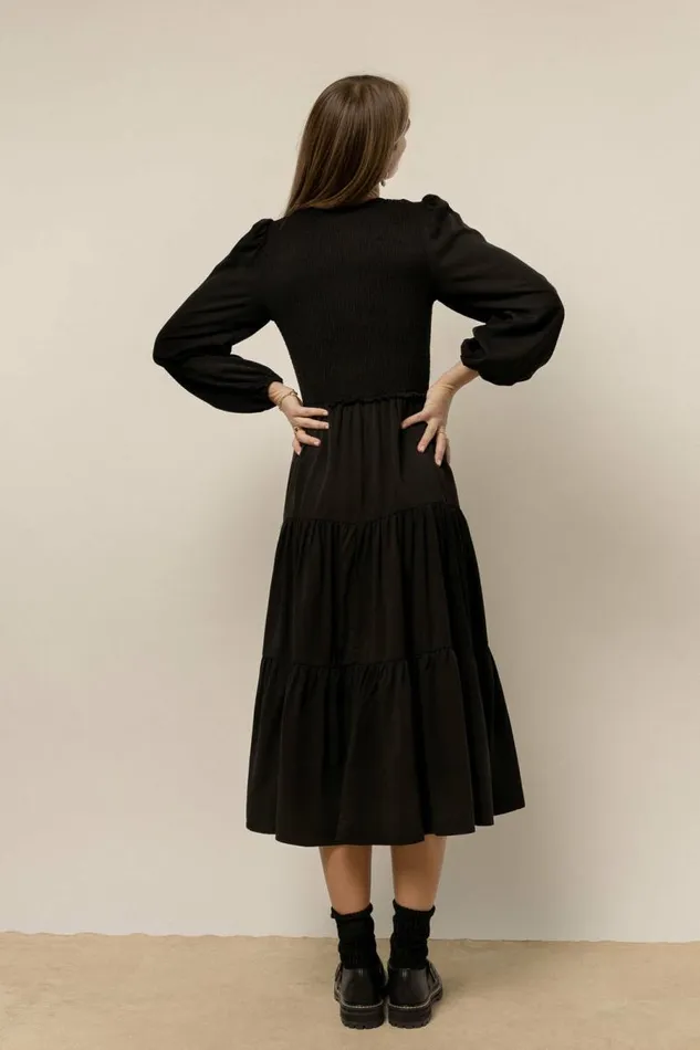 Smocked Tiered Midi Dress In Black Black Women Bohme Dresses