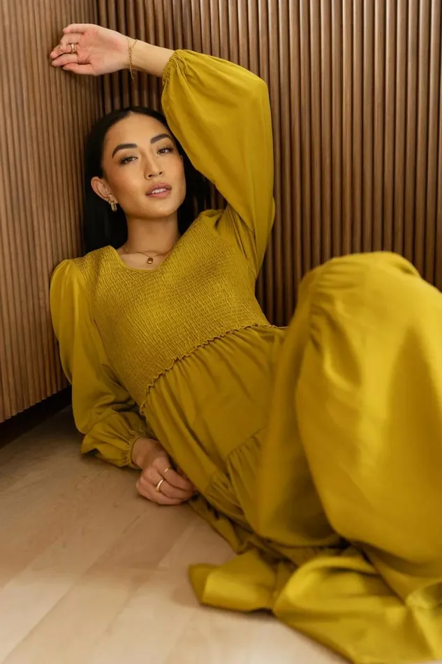 Smocked Tiered Midi Dress In Chartreuse 8211 FINAL SALE Chartreuse Women Bohme Dresses