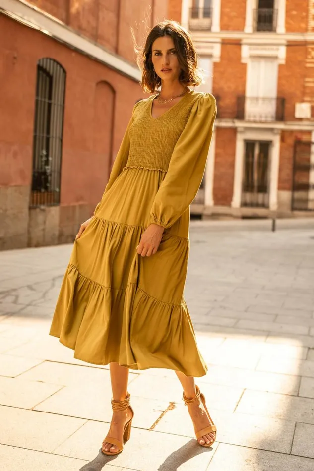 Smocked Tiered Midi Dress In Chartreuse 8211 FINAL SALE Chartreuse Women Bohme Dresses