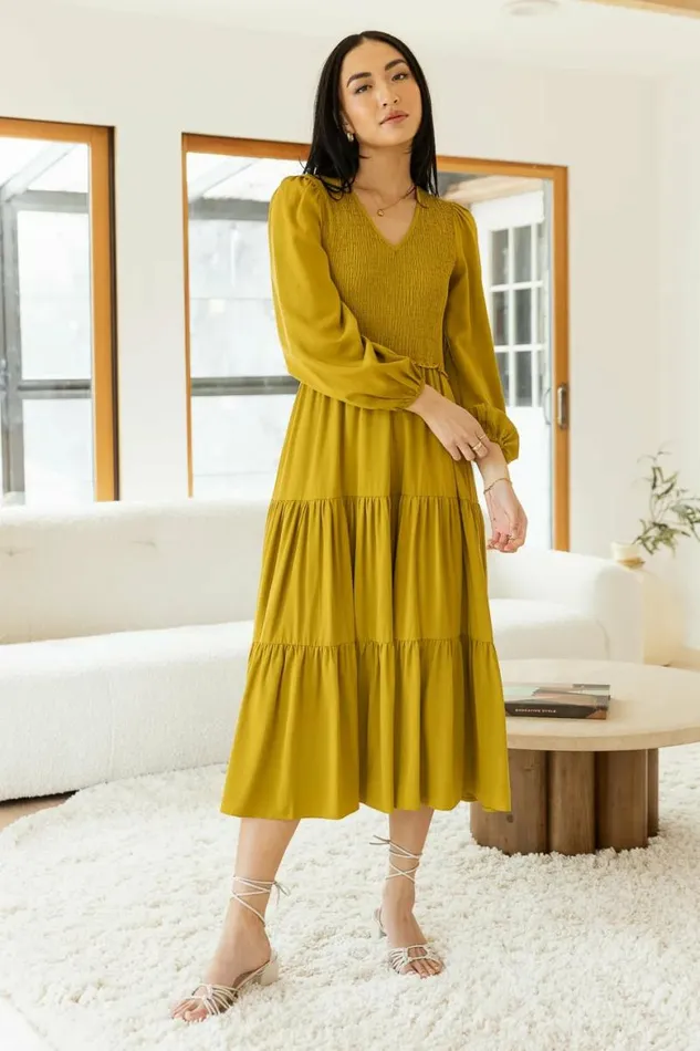 Smocked Tiered Midi Dress In Chartreuse 8211 FINAL SALE Chartreuse Women Bohme Dresses