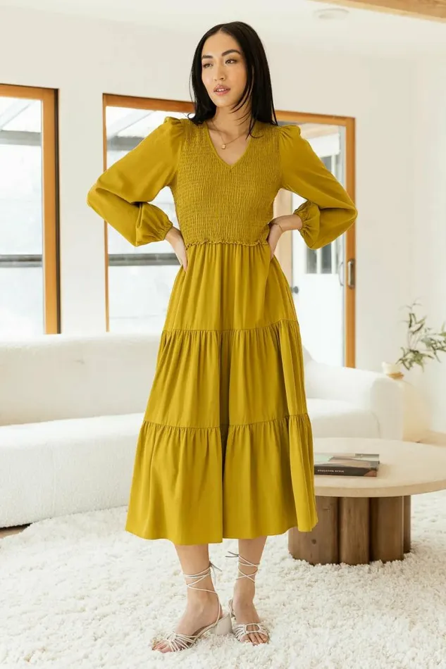 Smocked Tiered Midi Dress In Chartreuse 8211 FINAL SALE Chartreuse Women Bohme Dresses