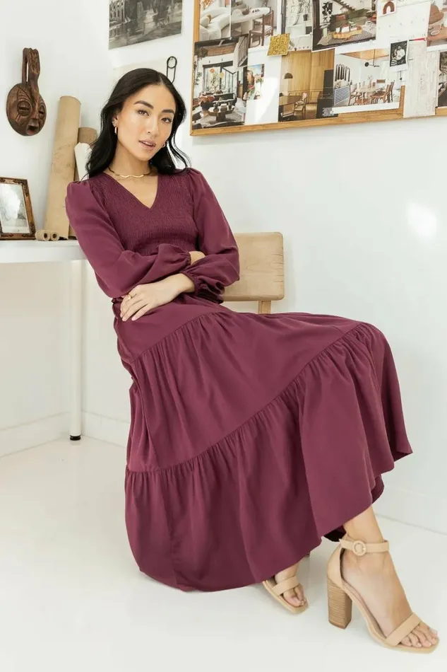 Smocked Tiered Midi Dress In Purple Purple Women Bohme Dresses