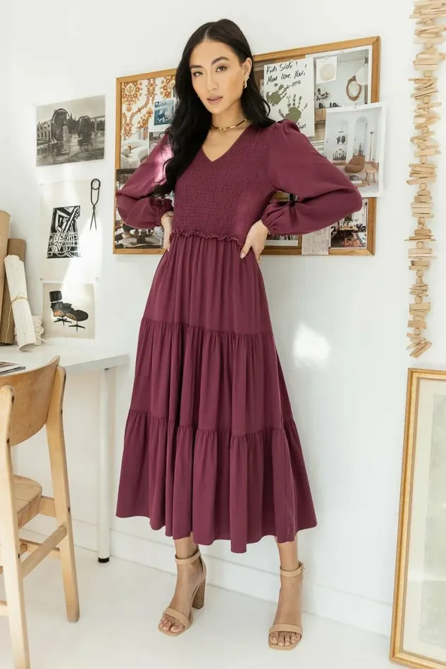 Smocked Tiered Midi Dress In Purple Purple Women Bohme Dresses