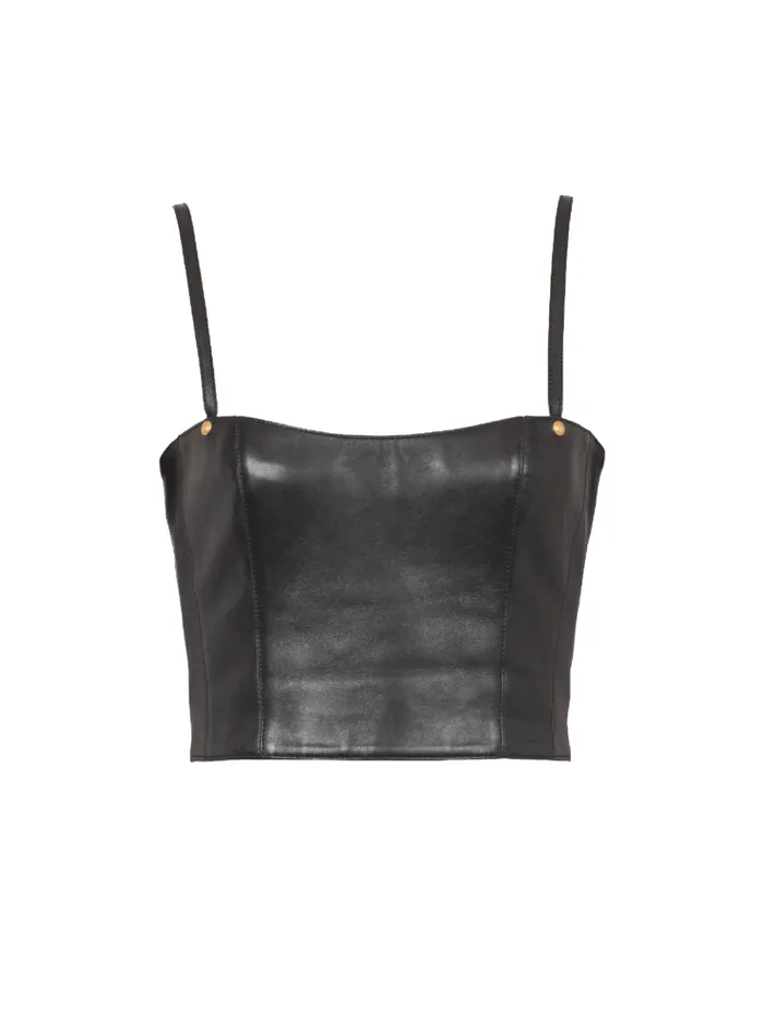 Spaghetti Strap Leather Top Black Women Balmain Tops And Shirts