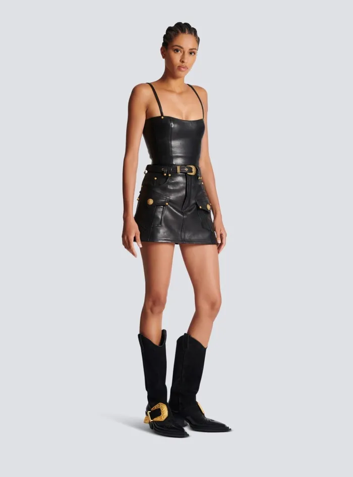 Spaghetti Strap Leather Top Black Women Balmain Tops And Shirts