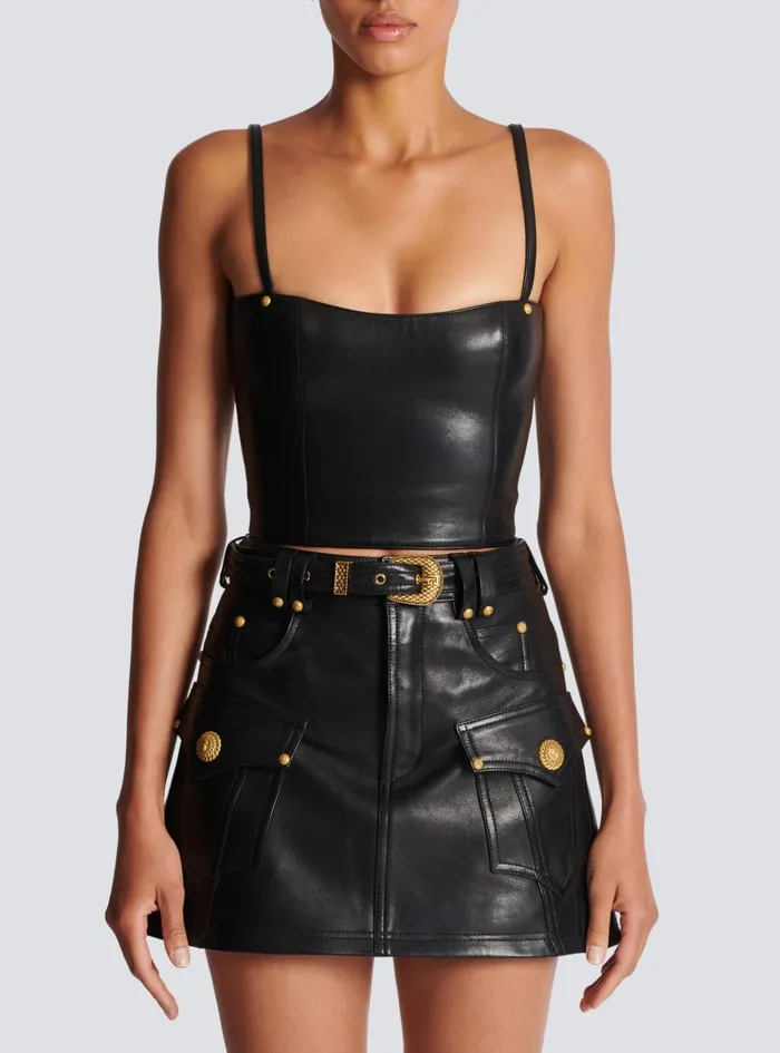 Spaghetti Strap Leather Top Black Women Balmain Tops And Shirts