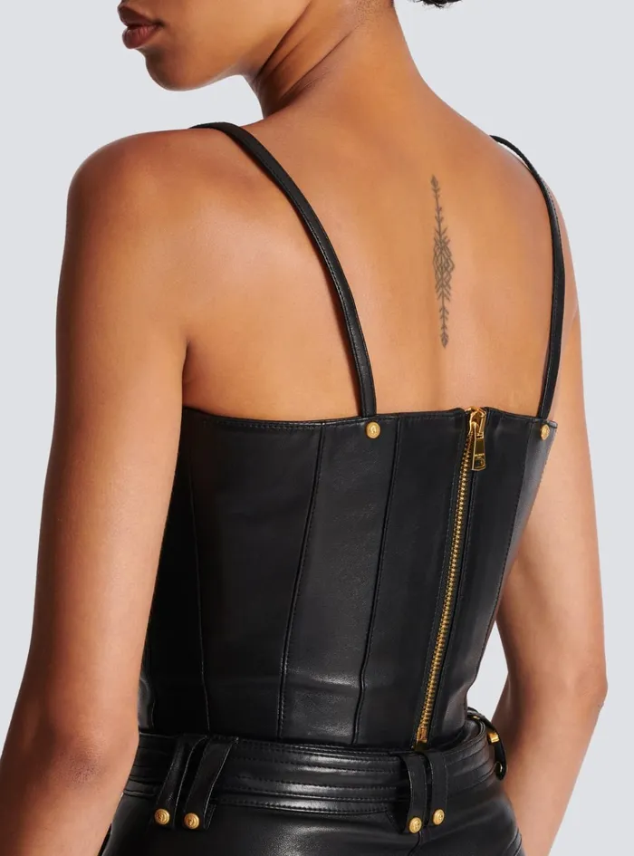 Spaghetti Strap Leather Top Black Women Balmain Tops And Shirts