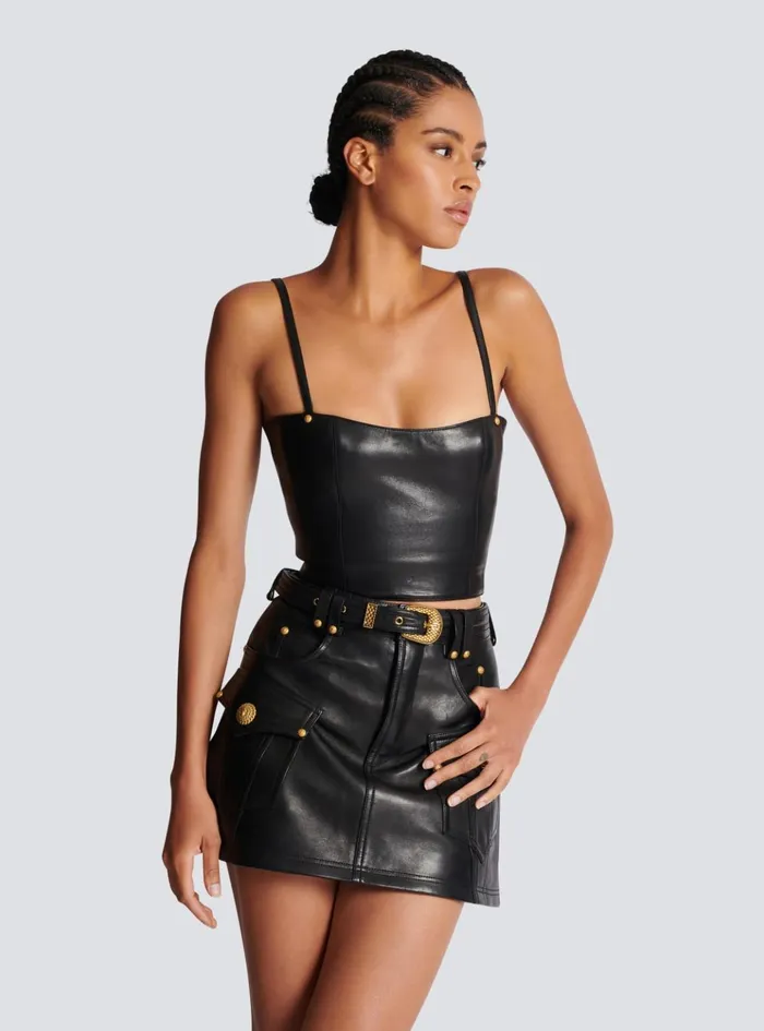 Spaghetti Strap Leather Top Black Women Balmain Tops And Shirts