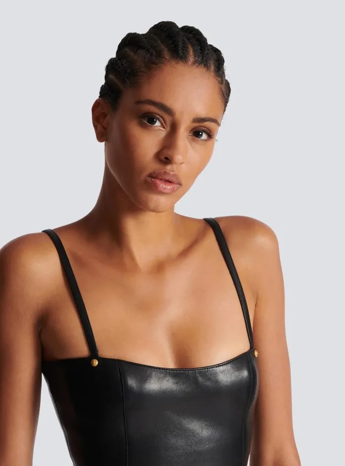 Spaghetti Strap Leather Top Black Women Balmain Tops And Shirts