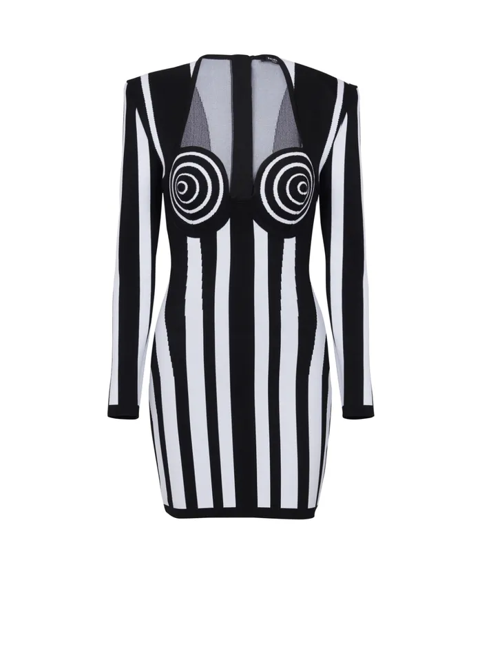 Striped Knit Dress Black Women Balmain Dresses