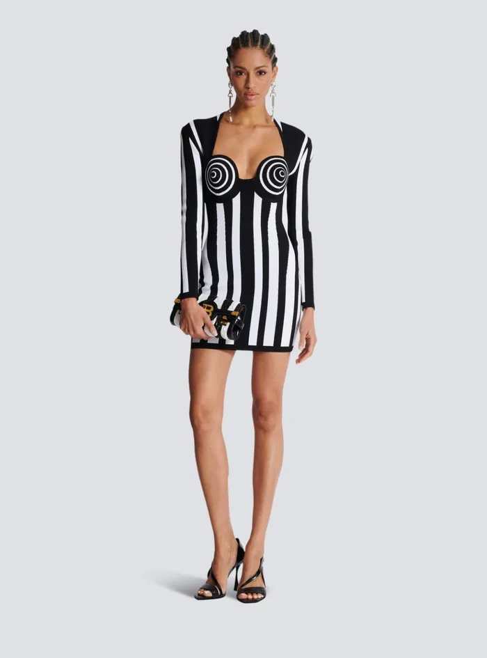 Striped Knit Dress Black Women Balmain Dresses