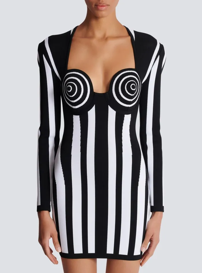 Striped Knit Dress Black Women Balmain Dresses