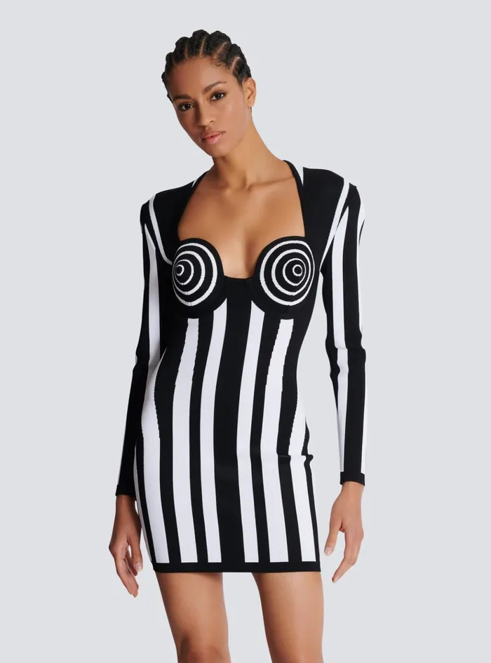 Striped Knit Dress Black Women Balmain Dresses